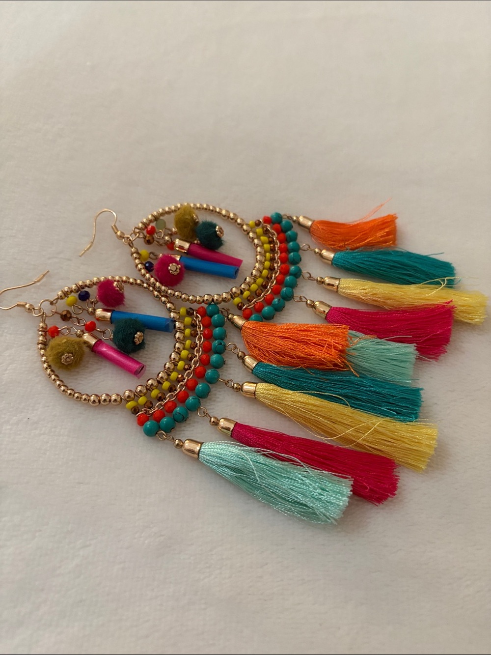 Zara Multicolor Tassel Hoop Earrings in Teal, Pink, Yellow, Orange & Blue NEW - Picture 5 of 6